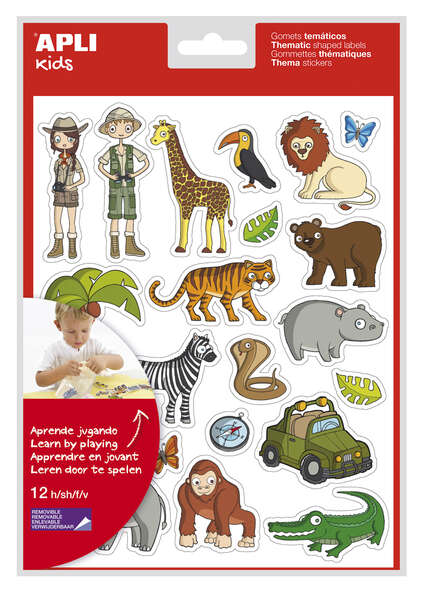 Apli Bolsa de Gomets Tematicos la Selva - 252 Gomets en 12 Hojas - Adhesivo Removible - Ideal para Escuelas - Cumple Normas EN-71 y FSC - Libre de Disolventes - Reciclable - Divertidas Ilust