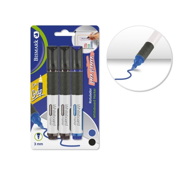 Bismark Pack de 3 Rotuladores para Pizarra Blanca con Grip - Punta Redonda 3mm - Colores Negro y Azul