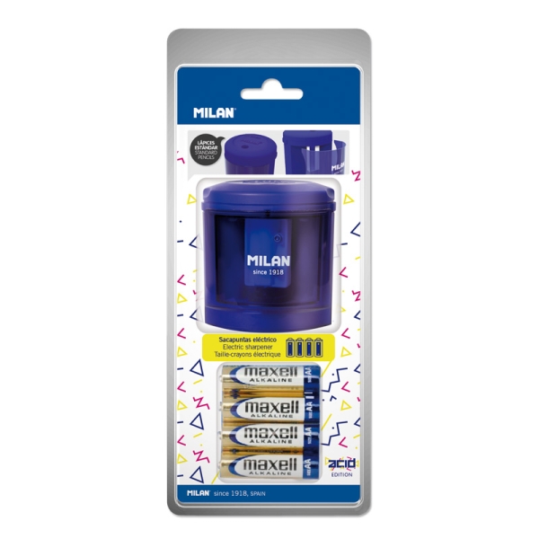 Milan Power-Sharp Acid Sacapuntas Electrico - Pilas Incluidas - Deposito Integrado - Cuchilla de Acero al Carbono de Seguridad - Color Azul