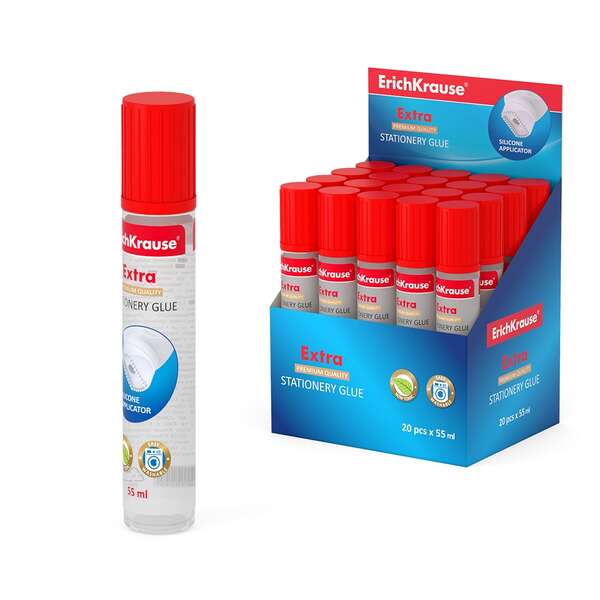 Erichkrause Extra Pegamento Liquido 55ml - Con aplicador de Silicona Suave - Alta Capacidad Adhesiva - No Toxico - Resistente al Frio - Transparente · Pack de 20 uds.
