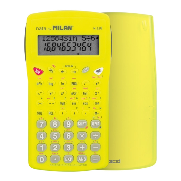 Milan Nata M228 Acid Calculadora Cientifica 10+2 Digitos - Pantalla de 2 Lineas - 228 Funciones Integradas - Carcasa Protectora - Color Amarillo
