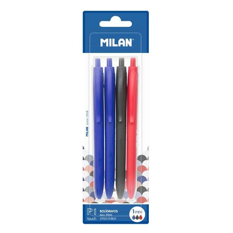 Milan P1 Touch Pack de 4 Boligrafos de Bola Retractiles - Punta Redonda 1mm - Tinta con Base de Aceite - Escritura Suave - 1.200m de Escritura - Color Azul x2, Negro y Rojo