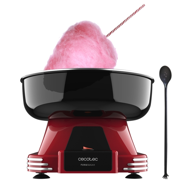 Cecotec Fun and Sugar Maquina de Algodon de Azucar - Potencia de 500W - Estilo Retro - Desmontable - Incluye Cuchara y Sticks - Tapa Antisalpicaduras - Color Negro y Rojo