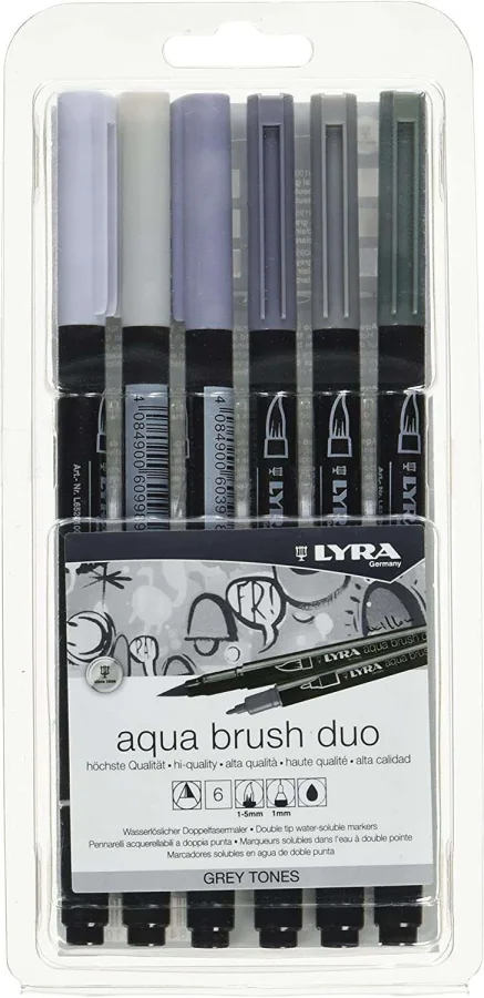 Lyra Aqua Brush Duo Pack 6 Rotuladores de Doble Punta - Trazos 1-5 y 1mm - Tinta Base de Agua - Colores Tonos Grises