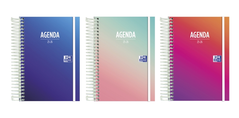 Oxford Gradient Agenda Escolar 25/26 Espiral Dia Pagina - Tamaño 8º - Tapa Extradura - Esquinas Microperforadas - Espacio para Notas - Cierre con Goma - Diseños Surtidos · Pack de 8 uds.