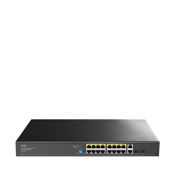 Cudy Switch 20 Puertos - Capacidad Conmutacion 40Gbps - 16x RJ45 PoE+ - 2x RJ45 GbE - 2x Gigabit SFP - Reinicio Automatico - Indicadores LED - 440x180x44mm - Color Negro