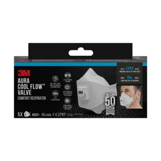 3M Aura Comfort Cool Flow Pack de 5 Mascarillas para Particulas FFP2 - Desechable - con Valvula - para Niveles Medios de Particulas - Color Blanco
