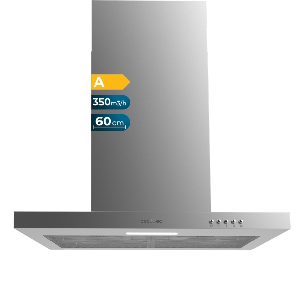 Cecotec Bolero Flux TM 603500 Inox A Campana Extractora de 60cm - 70W - Succion 350m3/h - Luz LED - Incluye Accesorios - Acero Inoxidable - Kit de Montaje - Filtros de Carbono Incluidos - Co