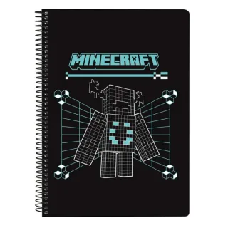 Safta Minecraft Screen Libreta con Espiral - Formato Cuarto - 80 Hojas de 80g/m2 - Cuadricula 4x4mm - Tapas Duras Glasofonadas - 15.5x22x1cm - Color Negro