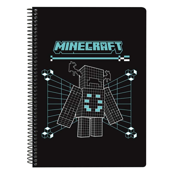 Safta Minecraft Screen Libreta con Espiral - Formato Cuarto - 80 Hojas de 80g/m2 - Cuadricula 4x4mm - Tapas Duras Glasofonadas - 15.5x22x1cm - Color Negro