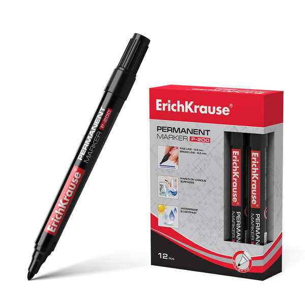 Erichkrause P-200 Marcador Permanente - Punta en Forma de Bala - Resistente al Agua y a los Rayos UV - Color Negro · Pack de 12 uds.