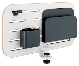 Leitz Ergo Panel Organizador Pequeño de Escritorio - Incluye Soporte para Boligrafos, Soporte para Blocs y Gancho para Auriculares - Color Blanco