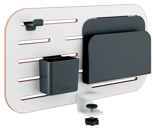 Leitz Ergo Panel Organizador Pequeño de Escritorio - Incluye Soporte para Boligrafos, Soporte para Blocs y Gancho para Auriculares - Color Blanco