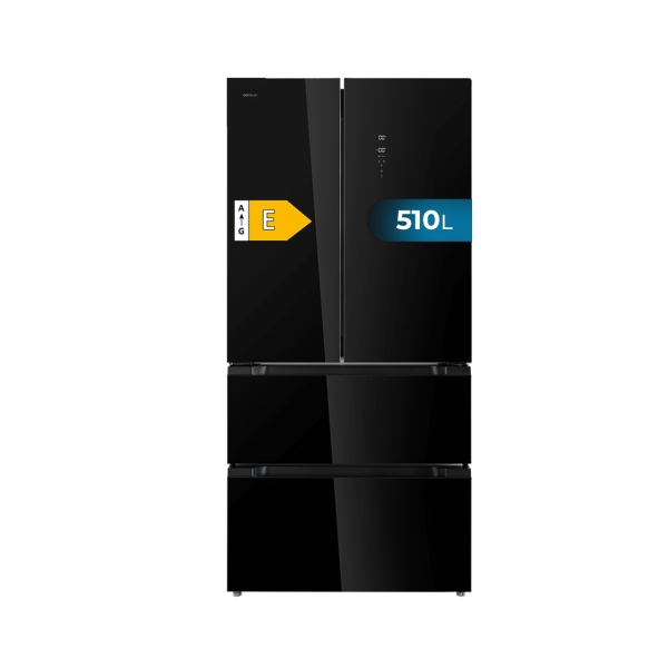 Cecotec Bolero CoolMarket FD 510 Glass E Frigorifico Puerta Francesa de 4 Puertas - Capacidad 510L - Total Nofrost - Congelacion Ultrarapida - Frio Envolvente - Clase E - 183x85cm - Color Ne