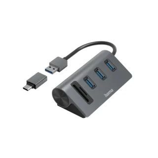 Hama Essential Hub USB 3.2 - Cable USB-A Integrado - Adapatador USB-C - Tarjeta SD - Tarjeta Micro-SD - 3x USB-A - Color Negro y Gris