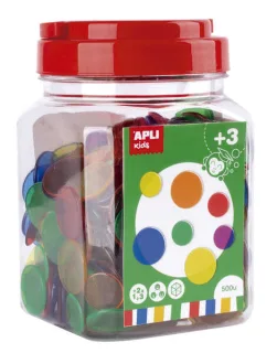 Apli Kit de 500 Piezas Redondas de Plastico Transparente - 25mm y 18mm - Ideal para Mesas de Luz y Practicas de Secuencias y Clasificaciones - Formato Maxi en Bote con Tapa - Colores Surtido