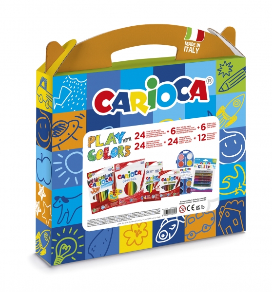 Carioca Play + Colors Pack Maletin de Plastico - 18 Lapices de Colores - 12 Acuarelas - 6 Rotuladores Jumbo Punta Maxi - 4 Rotuladores Joy Punta Fina - 24 Ceras - 6 Glitter Glues - Color Var