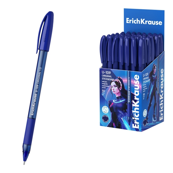 ErichKrause U-109 Stick and Grip Original Boligrafo con Capuchon - Punta de 1.0mm - Cuerpo Transparente - Trazo 0.3mm - Zona de Agarre de Goma - Tinta de Baja Viscosidad - Tapa Ventilada - Color Azul · Pack de 50 uds.