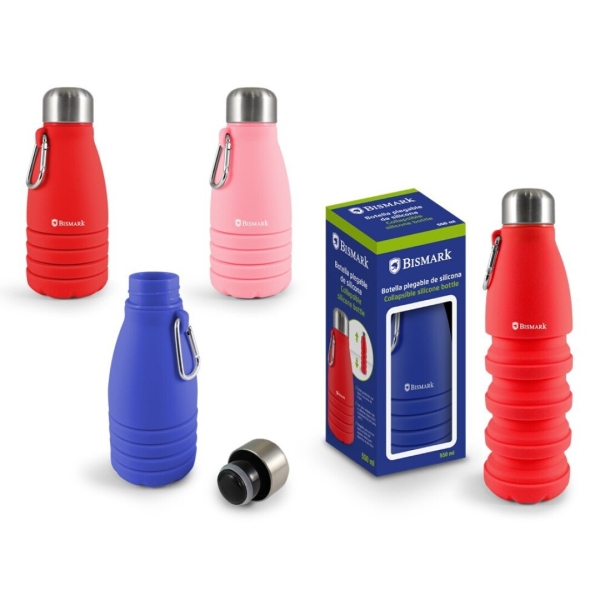 Bismark Botella de Silicona Plegable 550ml - Tapon de Acero Inoxidable - Mosqueton de Transporte - Colores Rosa, Rojo y Azul · Pack de 6 uds.