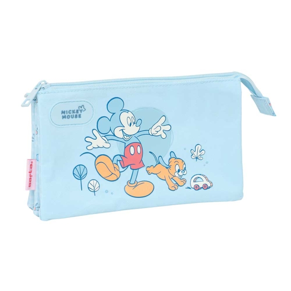 Safta Mickey Mouse Baby Portatodo - 3 Compartimentos con Cremalleras - Bolsillo Interior - 0.6L - 220x30x120mm - Color Azul Claro