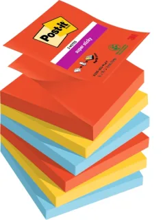 Post-It Super Sticky Pack de 6 Blocs de 90 Notas Adhesivas Reposicionables - Forma Cuadrada - 76x76mm - en Zig-Zag - Colores Surtidos