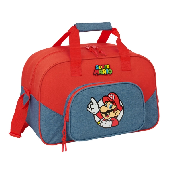 Safta Super Mario Bolsa de Deporte - Bandolera Ajustable - Bolsillo Frontal - Fondo Semirigido Extraible - Cremallera con Doble Tirador - Tacos en la Base - 40x24x23cm - Color Rojo y Azul