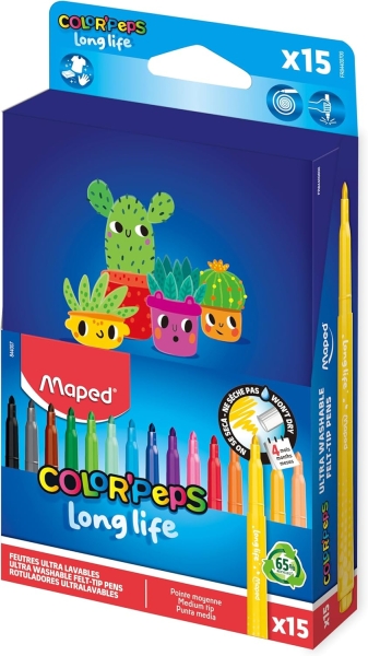 Maped Color`Peps Longlife Pack de 15 Rotuladores con Punta Media Bloqueada 3.7mm - Tinta Lavable - Colores Surtidos