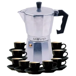 Muvip MV0605 Cafetera de Aluminio - Capacidad 9 Tazas - Mango de Baquelita Termoresistente Ergonomico - Apta para Placas Electricas, Vitroceramicas, Gas e Induccion - Color Aluminio