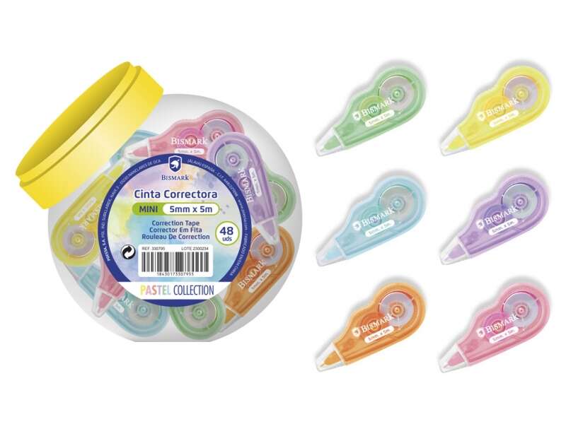 Bismark Mini Cinta Correctora Pastel 5mm x 5m - Correccion Instantanea - No Deja Huella en Fotocopias · Pack de 48 uds.