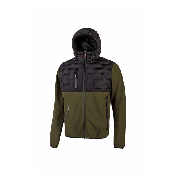 Upower Spock Chaqueta Hibrida Transpirable y Antiviento - Talla 2XL - Cremallera Impermeable, Capucha Ajustable, Plumon Acolchado sin Costuras, Bolsillos Fluorescentes, Proteccion DPI1 - Color Verde Oscuro