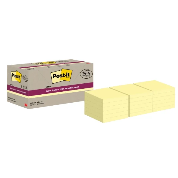 Post-It Super Sticky Pack de 18 Blocs de 70 Notas Adhesivas Recicladas - Forma Cuadrada - 76x76mm - Color Amarillo Claro