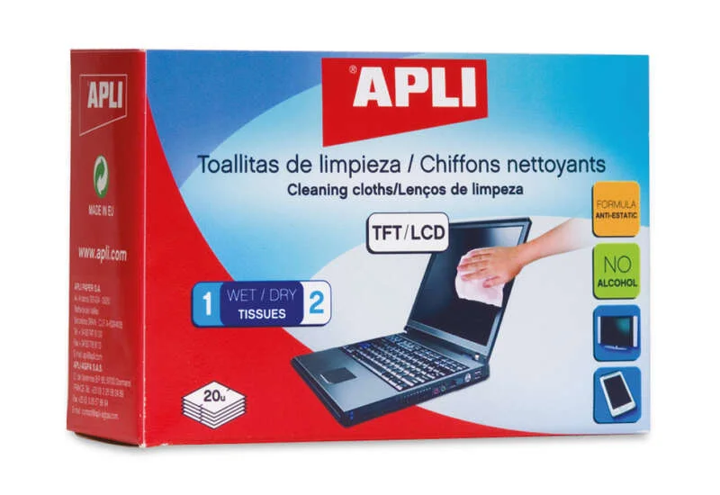 Apli Toallitas de Limpieza para Equipos Electronicos - Propiedades Antiestaticas - Incluye 20 Sobres con Toallita Humeda y Seca - sin Alcohol