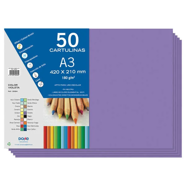Dohe Pack de 50 Cartulinas A3 de 180gr - Con PH Neutro - Libres de Cloro Elemental - Color Violeta