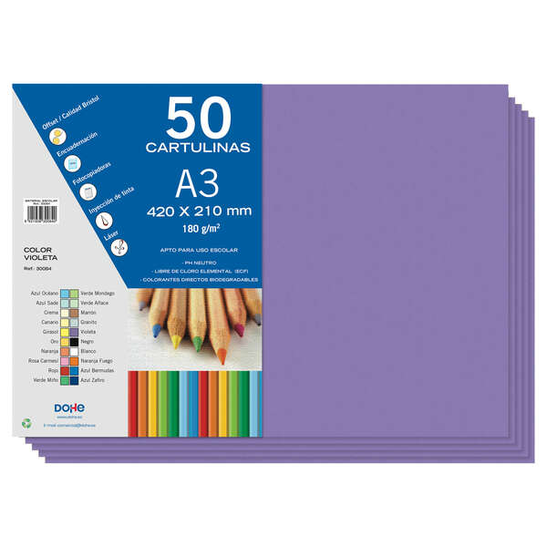 Dohe Pack de 50 Cartulinas A3 de 180gr - Con PH Neutro - Libres de Cloro Elemental - Color Violeta