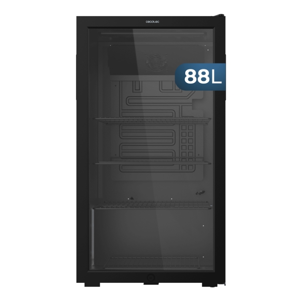 Cecotec Bolero CoolMarket BC 88 Black Nevera Minibar - Capacidad 88L - 115 Latas - Luz LED - Temperatura Regulable de 0 a 10ºC - Puerta de Cristal - Color Negro