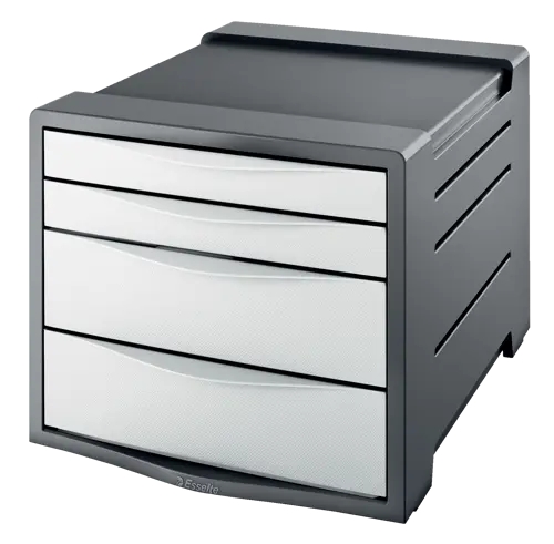 Esselte Europost Vivida Buc de 4 Cajones - 2 Medidas de Cajon - Deslizamiento Suave - Base con Goma Antideslizante - Color Gris/Blanco