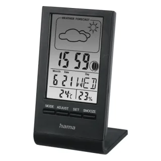 Hama Medidor de Temperatura y Humedad para Interior - Pantalla Digital - Reloj - Prevision Meteorologica - Visualizacion de Fases Lunares - 5.7x5x10.8cm - Color Negro