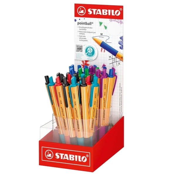 Stabilo Pointball Expositor con 38 Boligrafos Retractiles - Punta de 1mm - Tinta con Base de Aceite - Recargable - 87% Plastico Reciclado - Grip Antideslizante - Colores Surtidos