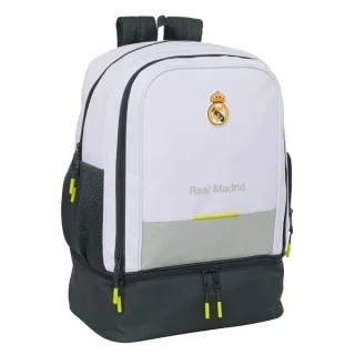 Safta Real Madrid Mochila Escolar de 42L - Portabotellas - Compartimento Semirigido Inferior - Bolsillos con Cremallera - 35x50x24cm - Color Blanco y Negro