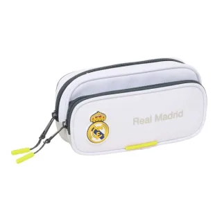Safta Real Madrid Estuche Portatodo de 1.3L - 2 Compartimentos - Bolsillo Lateral - Cierre con Cremallera - 21x10.5x6cm - Color Blanco y Negro