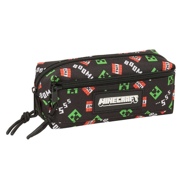 Safta Minecraft Portatodo - 3 Compartimentos con Cremalleras - Goma Elastica - 0.98L - 220x60x85mm - Color Negro