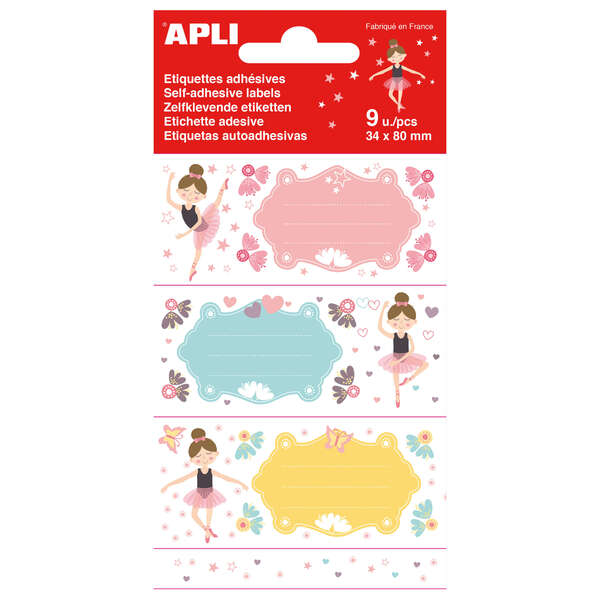 Apli Etiquetas Adhesivas Escolares Bailarinas - Tamaño 81x36mm - 9 Etiquetas (3 por Diseño) - Adhesivo Permanente de Alta Calidad - Color Blanco · Pack de 5 uds.