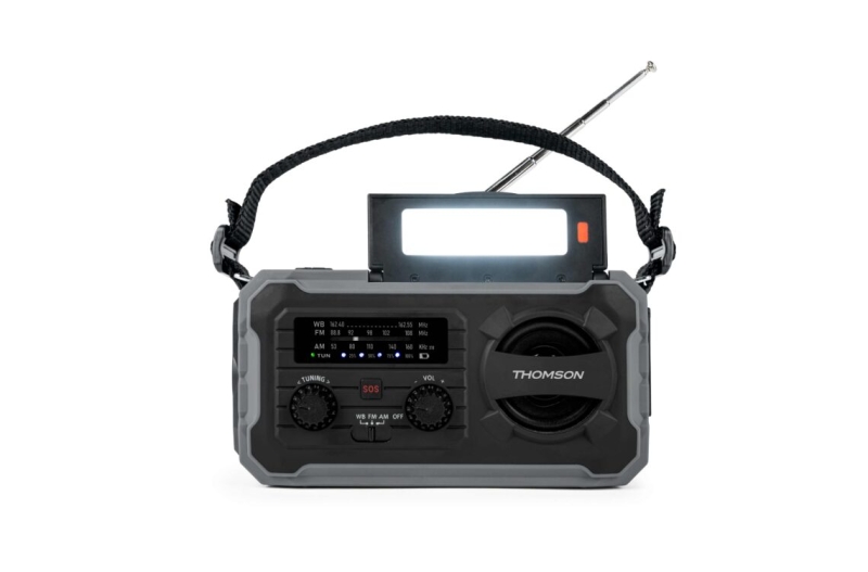 Thomson Radio Solar Portatil SOS - AM/FM - Bateria de 8000mAh - Linterna de Emergencia - 3 Modos de Carga - Funcion Powerbank - Color Gris