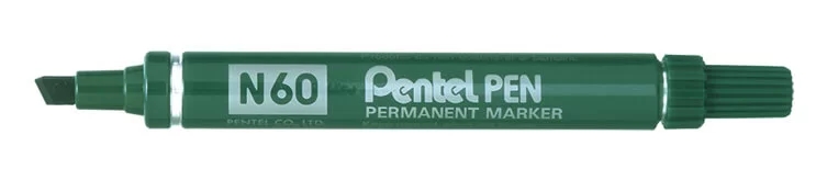 Pentel Pen N60 Rotulador Permanente - Punta Biselada Resistente y Duradera - Resistente a Agua y Luz - Color Verde · Pack de 12 uds.