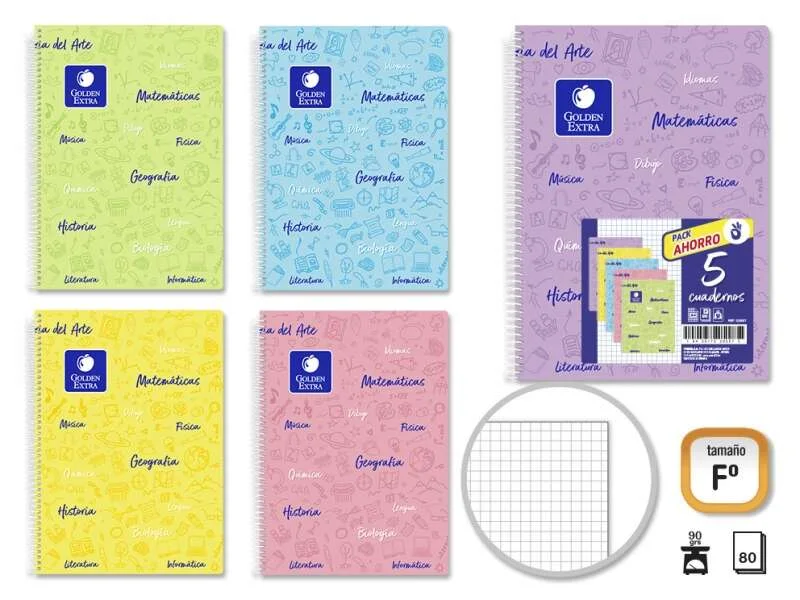 Golden Pack de 5 Cuadernos Asignatura Folio 80 Hojas 90gr Cuadricula 4x4 - Resistente - Tapa Plastica - Ideal para Estudiantes - Colores Pastel Surtidos