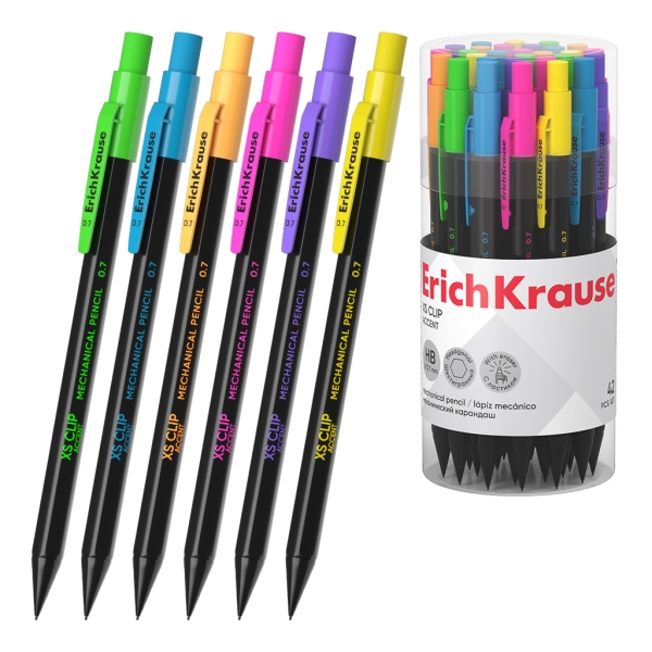 ErichKrause XS Clip Accent Portaminas - Mina HB de 0.7mm - Goma de Borrar Integrada - Cuerpo Hexagonal - Colores Surtidos · Pack de 42 uds.