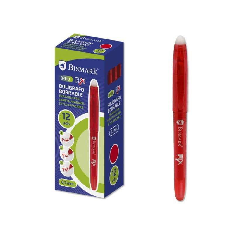 Bismark Fix Boligrafo Borrable - Punta Fina 0.7mm - Con Capuchon - Color Rojo · Pack de 12 uds.