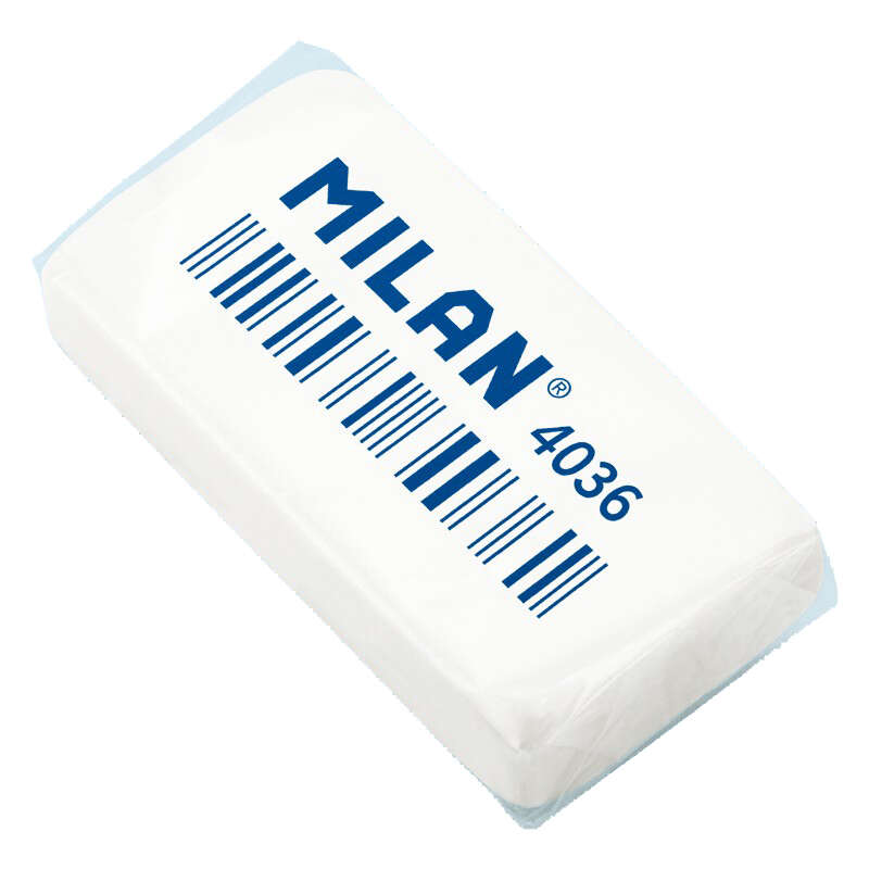 Milan 4036 Goma de Borrar Rectangular - Miga de Pan - Caucho Sintetico - Envuelta Individualmente - Color Blanco · Pack de 36 uds.