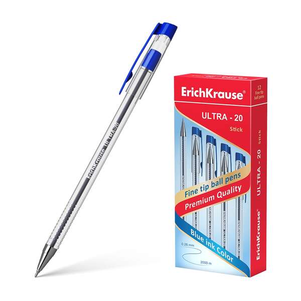 Erichkrause Boligrafo Ultra-20 - Punta Metalica de Tipo Aguja - Cuerpo Redondo Transparente con Grip - Tinta de Baja Viscosidad - Color Azul · Pack de 12 uds.