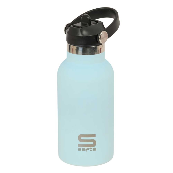 Safta Botella Isotermica Infantil - Capacidad 350ml - Tapon Roscado con Valvula - Base de Silicona - Asa Superior - Acero Inoxidable - 12h Caliente - 24h Frio - 19.5x7.3cm - Color Azul Paste